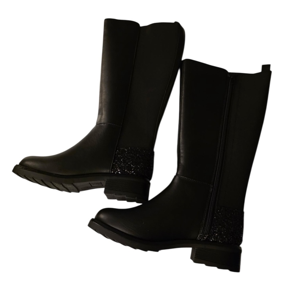 Girls SM New York Black Mid-Calf Kids Boots with Glitter Heel Accent